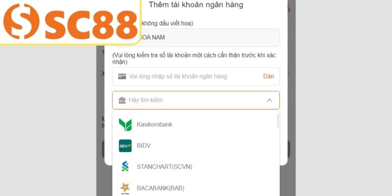 Cách thức liên kết ngân hàng SC88 cụ thể